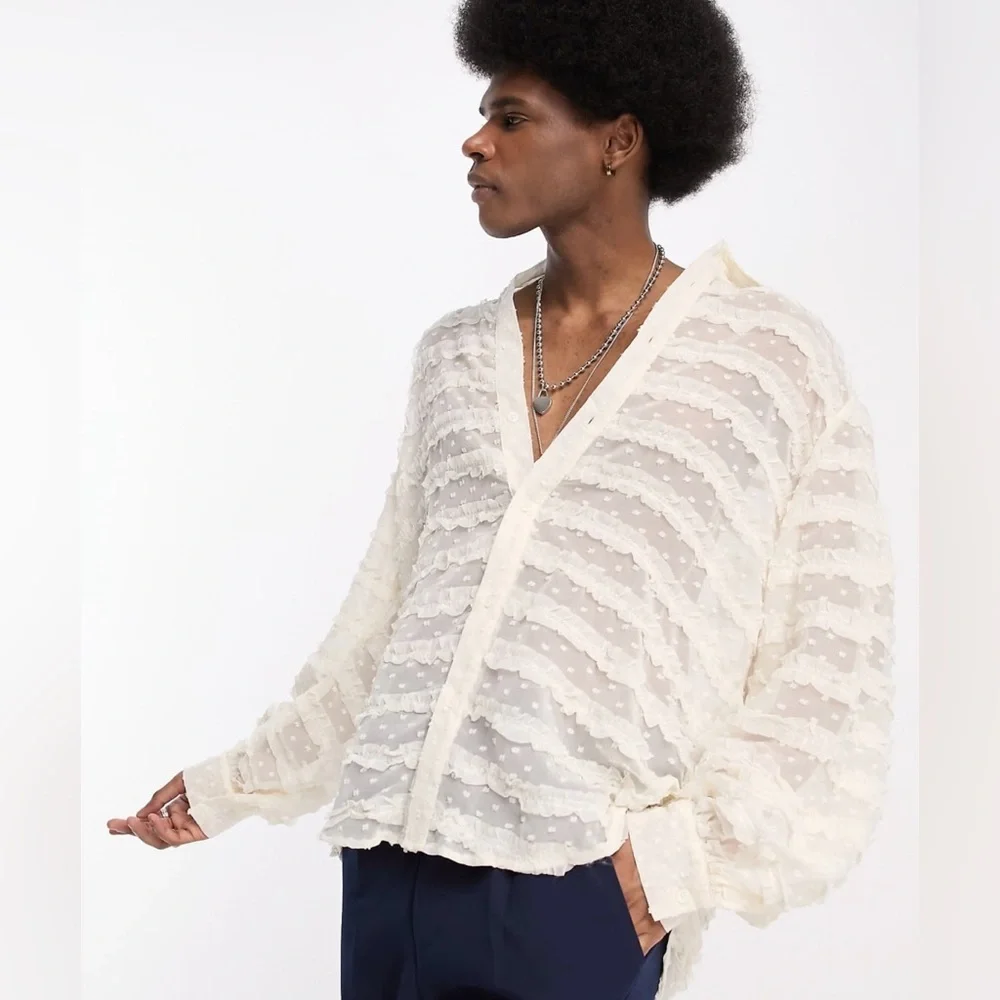ASOS Sister Jane Blouse Ruffled Ballon Long Sleeve Ivory Button Top Shirt M